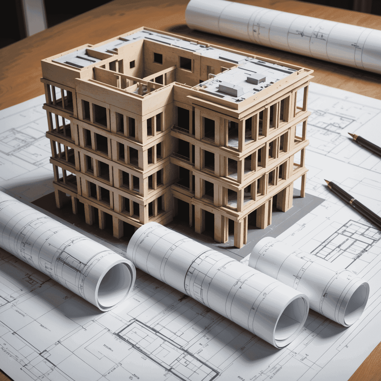 耐震設計の図面と実際の建物モデル。左側に複雑な構造計算が書かれた青写真、右側に揺れに強い建物の3Dモデル。